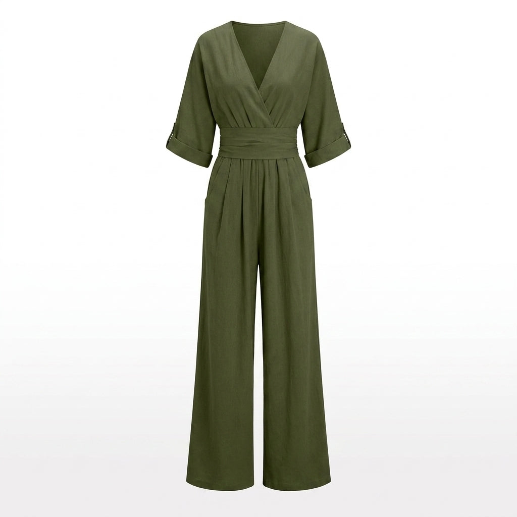 Linen Jumpsuit with Cinched Waist – Wide-Leg, Deep V-Neck for Summer Casual Wear 2