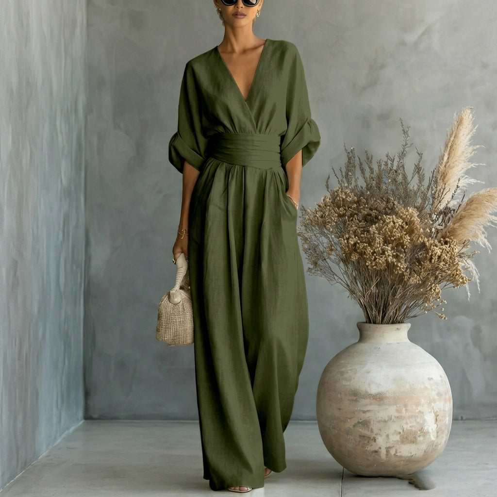 Linen Jumpsuit with Cinched Waist – Wide-Leg, Deep V-Neck for Summer Casual Wear 4
