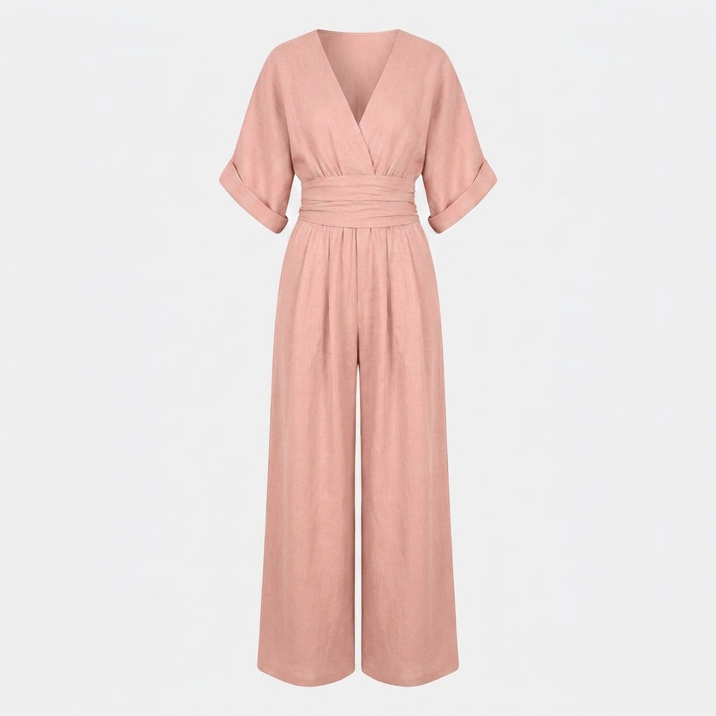 Linen Jumpsuit with Cinched Waist – Wide-Leg, Deep V-Neck for Summer Casual Wear 19