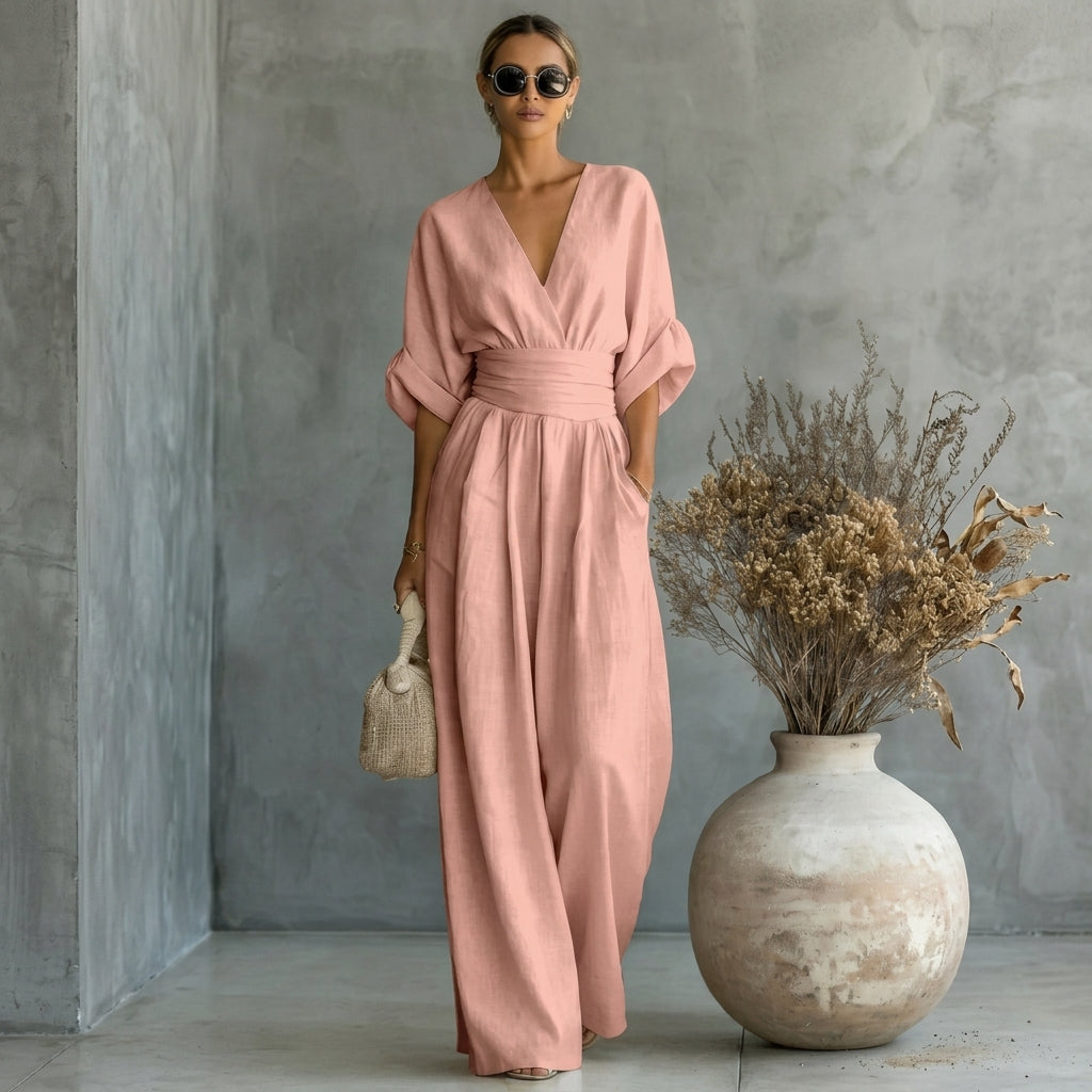 Linen Jumpsuit with Cinched Waist – Wide-Leg, Deep V-Neck for Summer Casual Wear 20