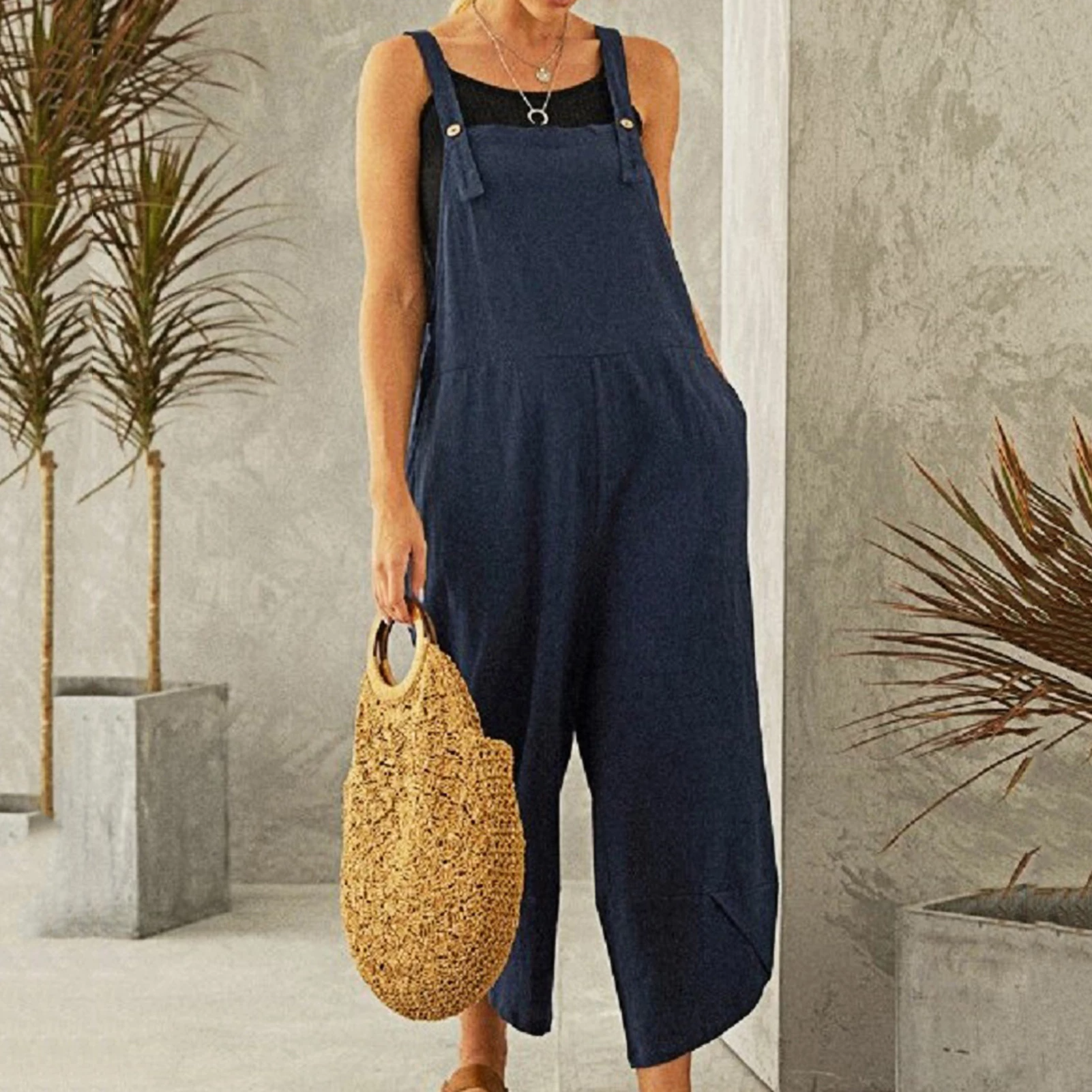 Women's Linen Wide Leg Jumpsuit – Adjustable Straps and Pockets for Summer Comfort 0