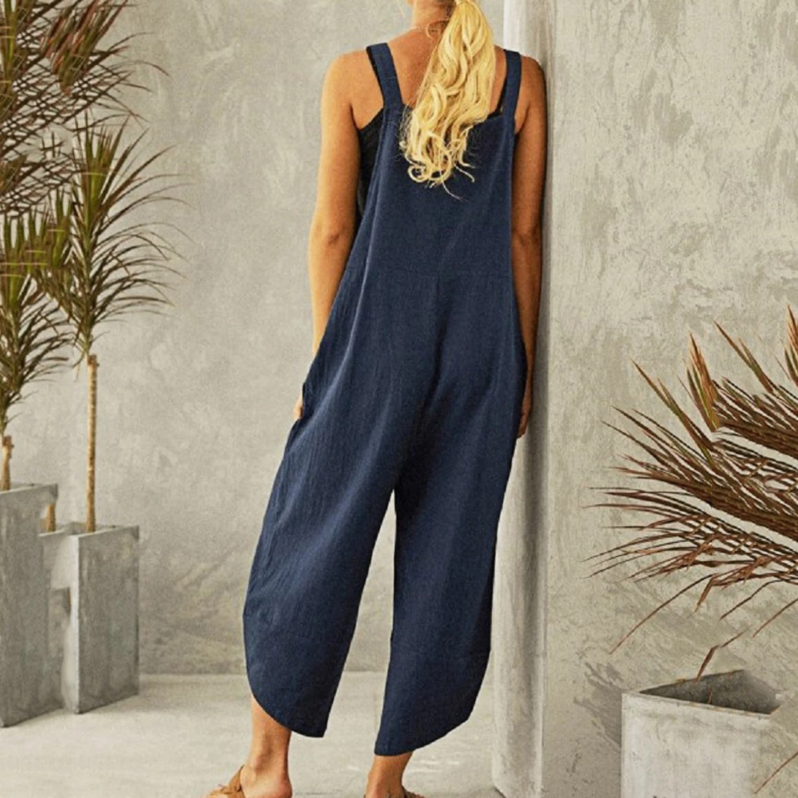 Women's Linen Wide Leg Jumpsuit – Adjustable Straps and Pockets for Summer Comfort 1