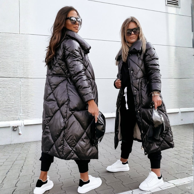 Women's Long Quilted Winter Coat with High Collar – Puffer Style, Below Knee Length 1