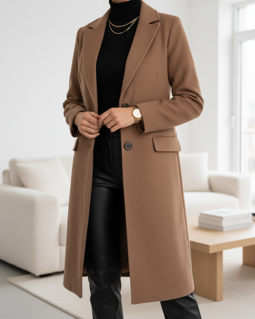 Women's Long Trench Coat – Notched Lapel with Flap Pockets for Winter 2