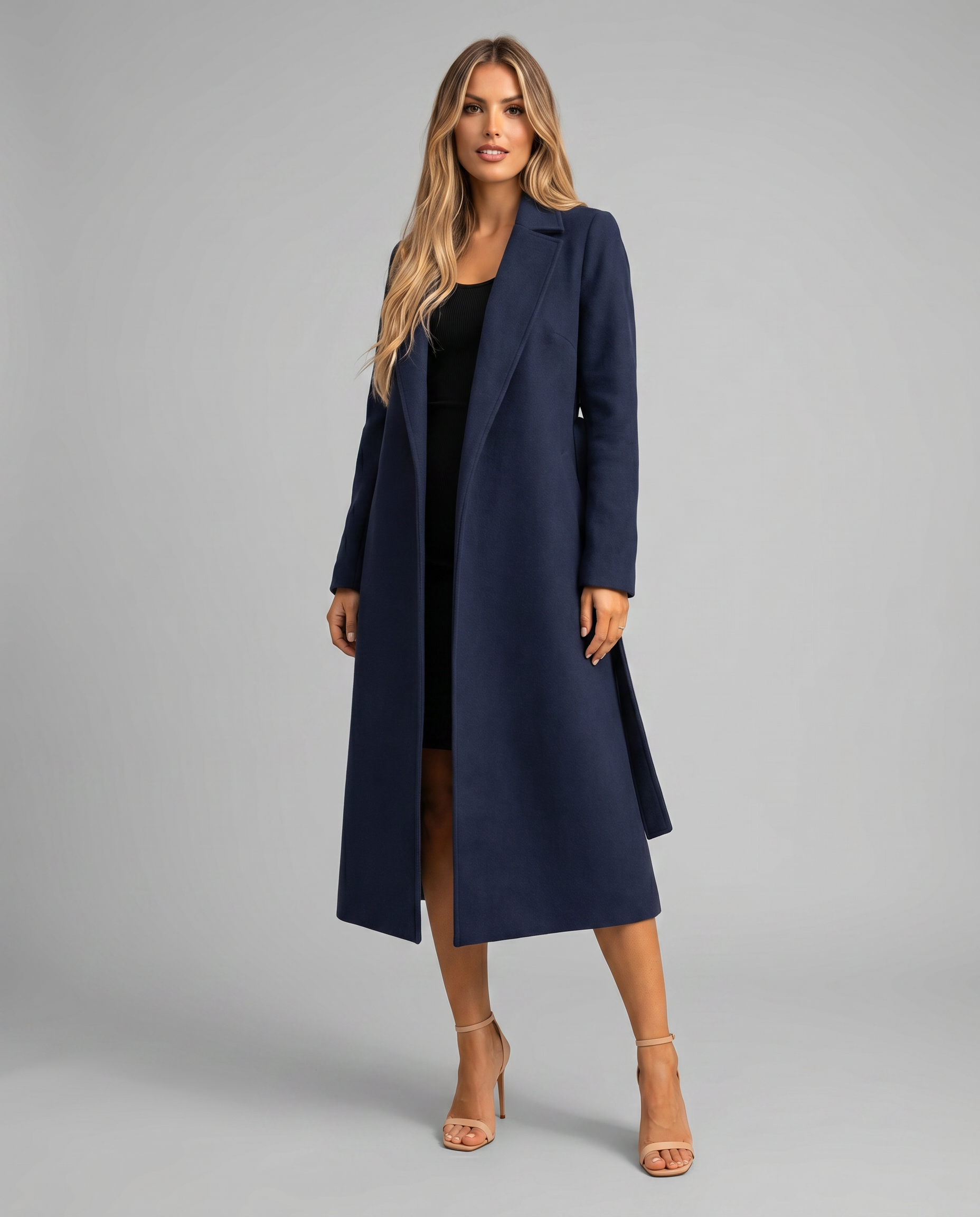 Women's Long Trench Coat with Notched Lapel – Elegant Wrap Design with Tie Belt 0