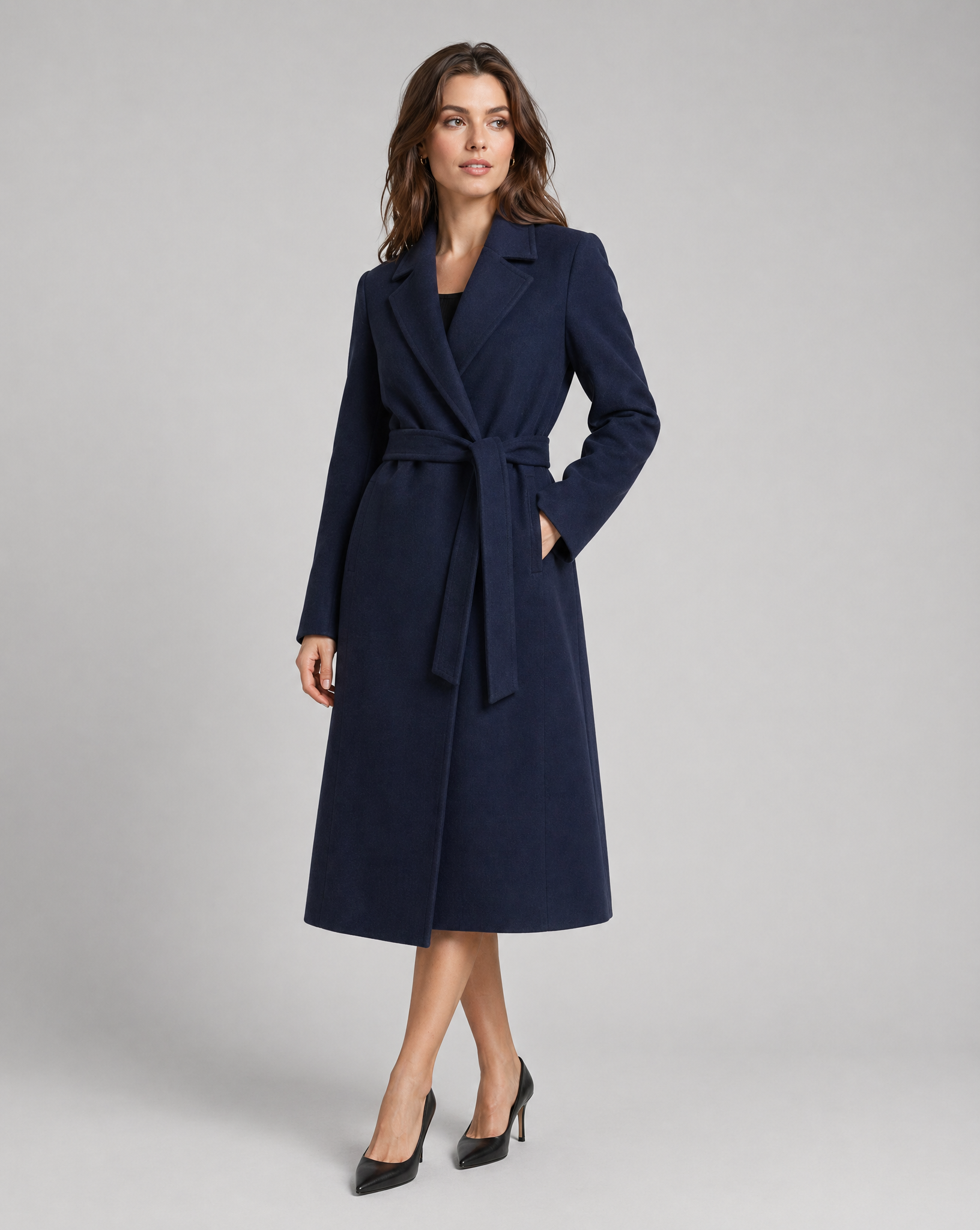 Women's Long Trench Coat with Notched Lapel – Elegant Wrap Design with Tie Belt 2