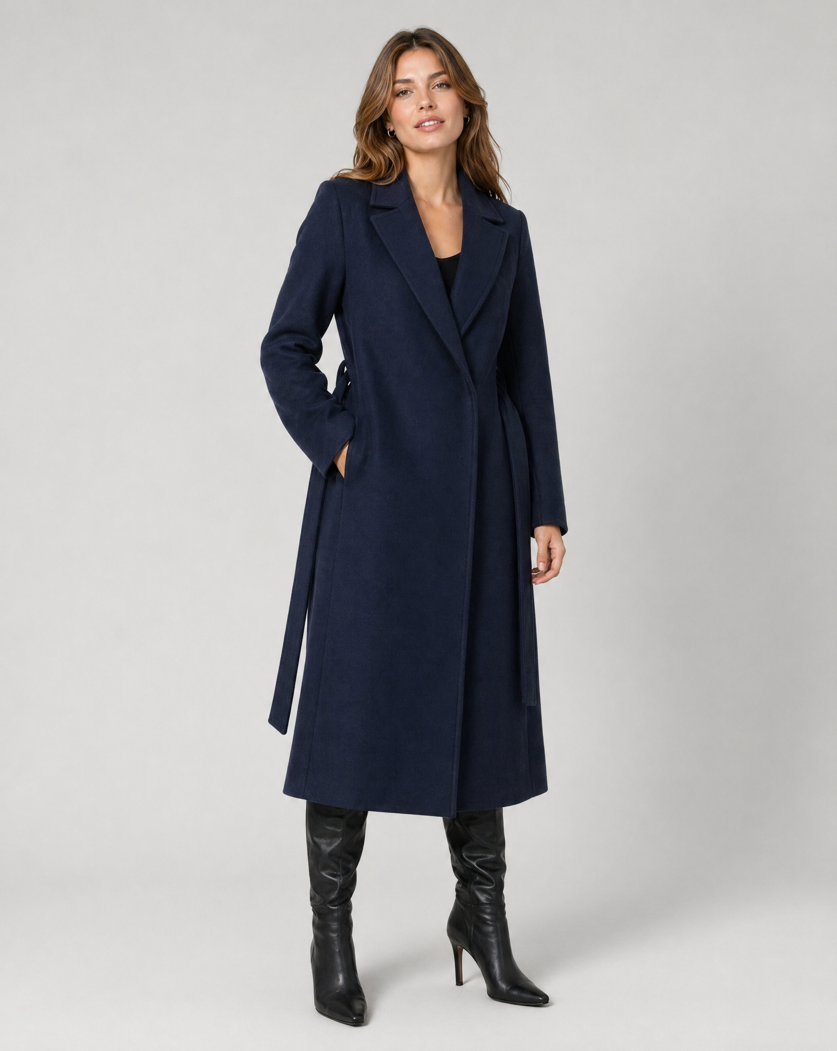 Women's Long Trench Coat with Notched Lapel – Elegant Wrap Design with Tie Belt 3