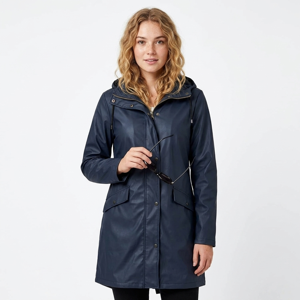 Women's Longline Rain Jacket – Waterproof with Drawstring Hood and Snap Button Closure 1