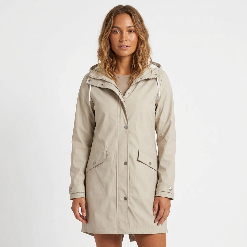 Women's Longline Rain Jacket – Waterproof with Drawstring Hood and Snap Button Closure 3