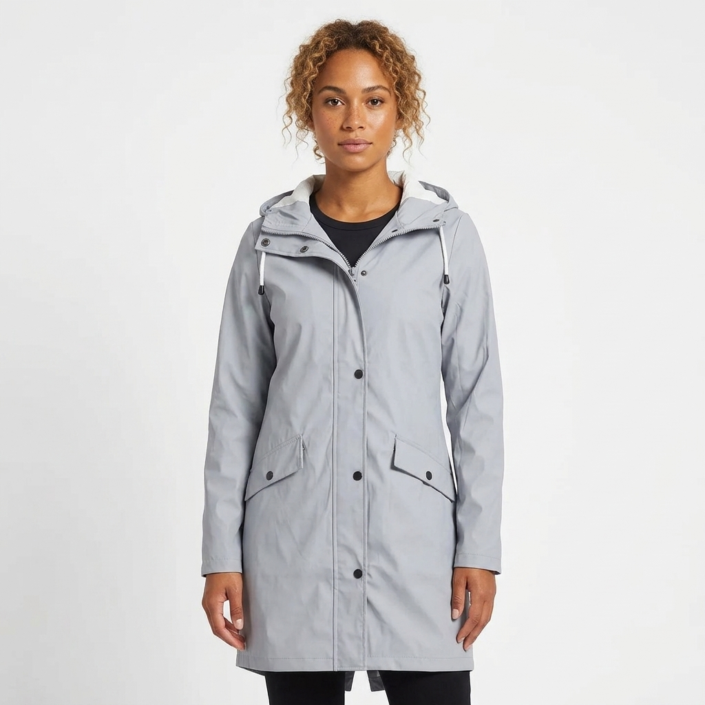 Women's Longline Rain Jacket – Waterproof with Drawstring Hood and Snap Button Closure 5