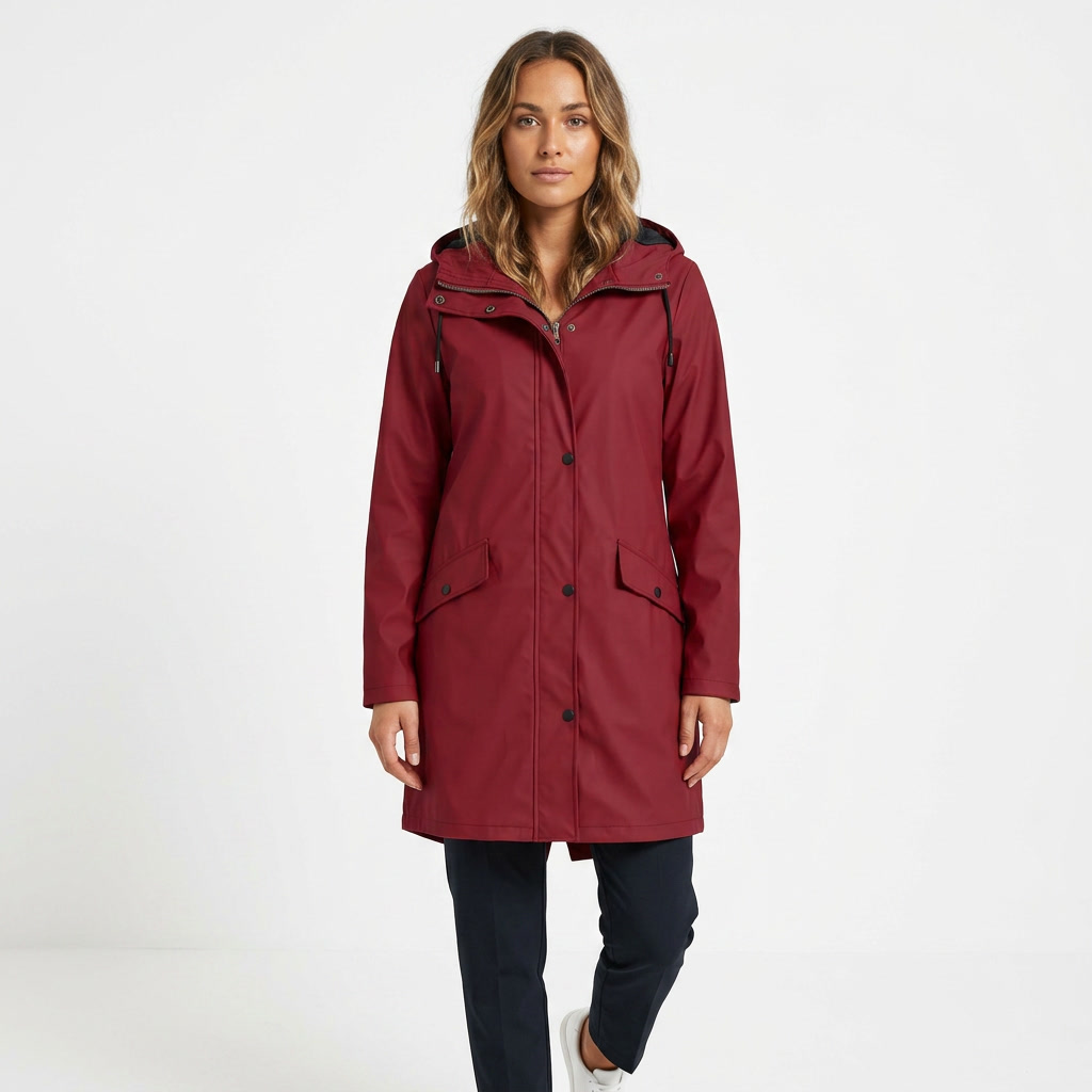 Women's Longline Rain Jacket – Waterproof with Drawstring Hood and Snap Button Closure 7