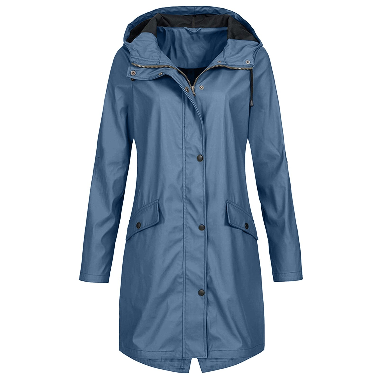 Women's Longline Rain Jacket – Waterproof with Drawstring Hood and Snap Button Closure 9