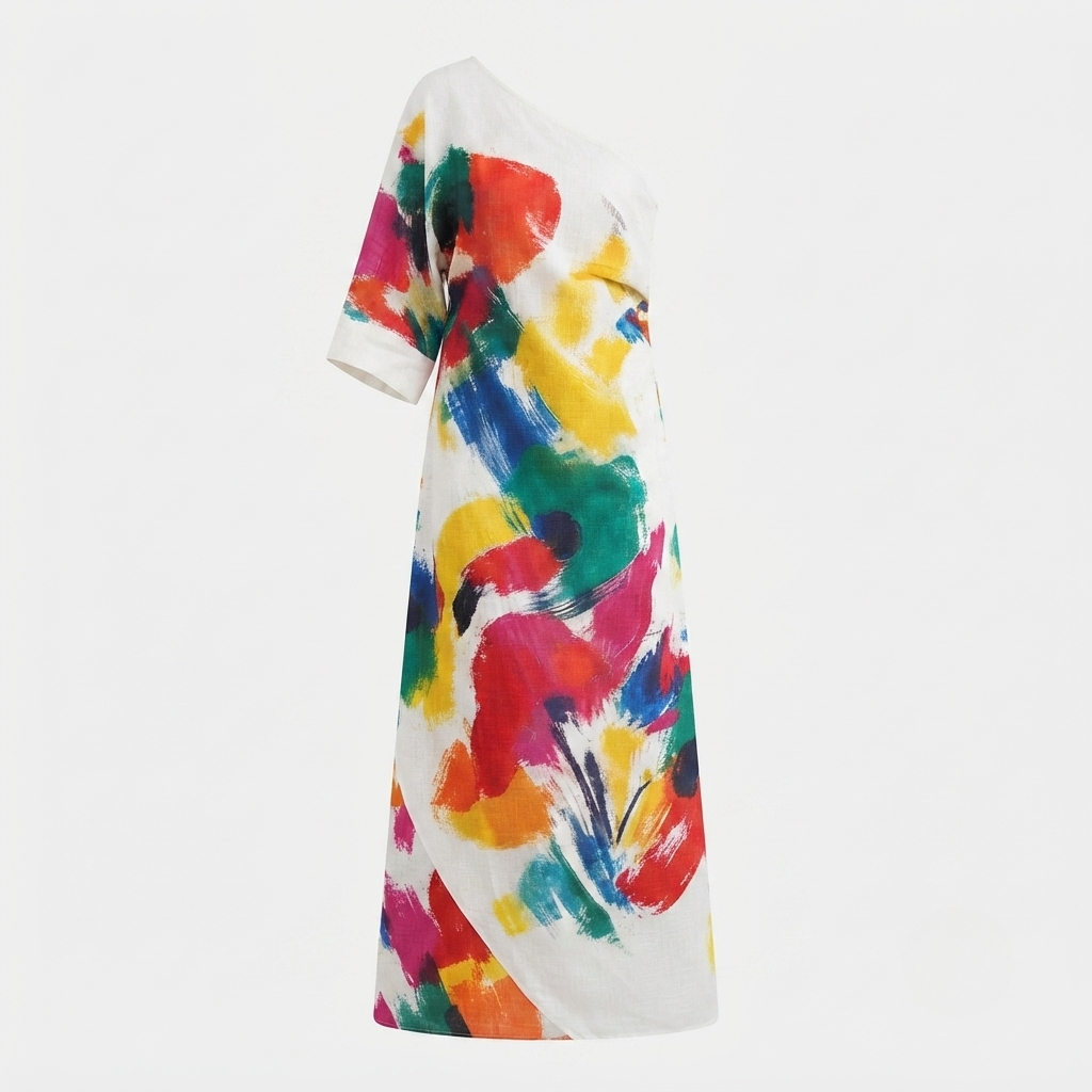 Women's Maxi Dress – Abstract Print, One-Shoulder Neckline, Three-Quarter Sleeves for Summer 2