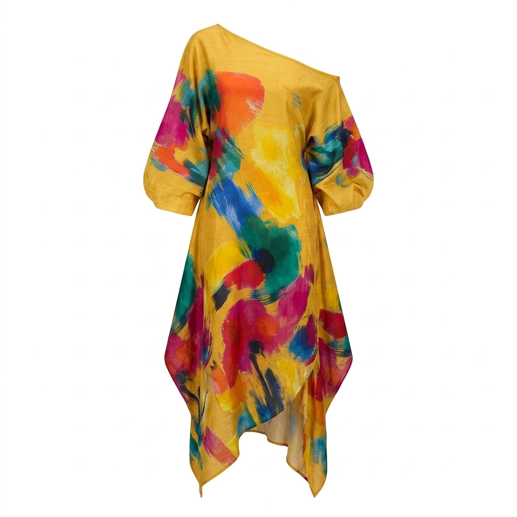 Women's Maxi Dress – Abstract Print, One-Shoulder Neckline, Three-Quarter Sleeves for Summer 6