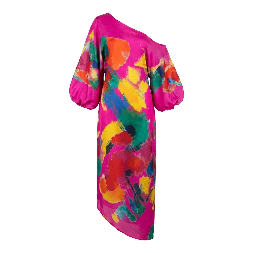 Women's Maxi Dress – Abstract Print, One-Shoulder Neckline, Three-Quarter Sleeves for Summer 4