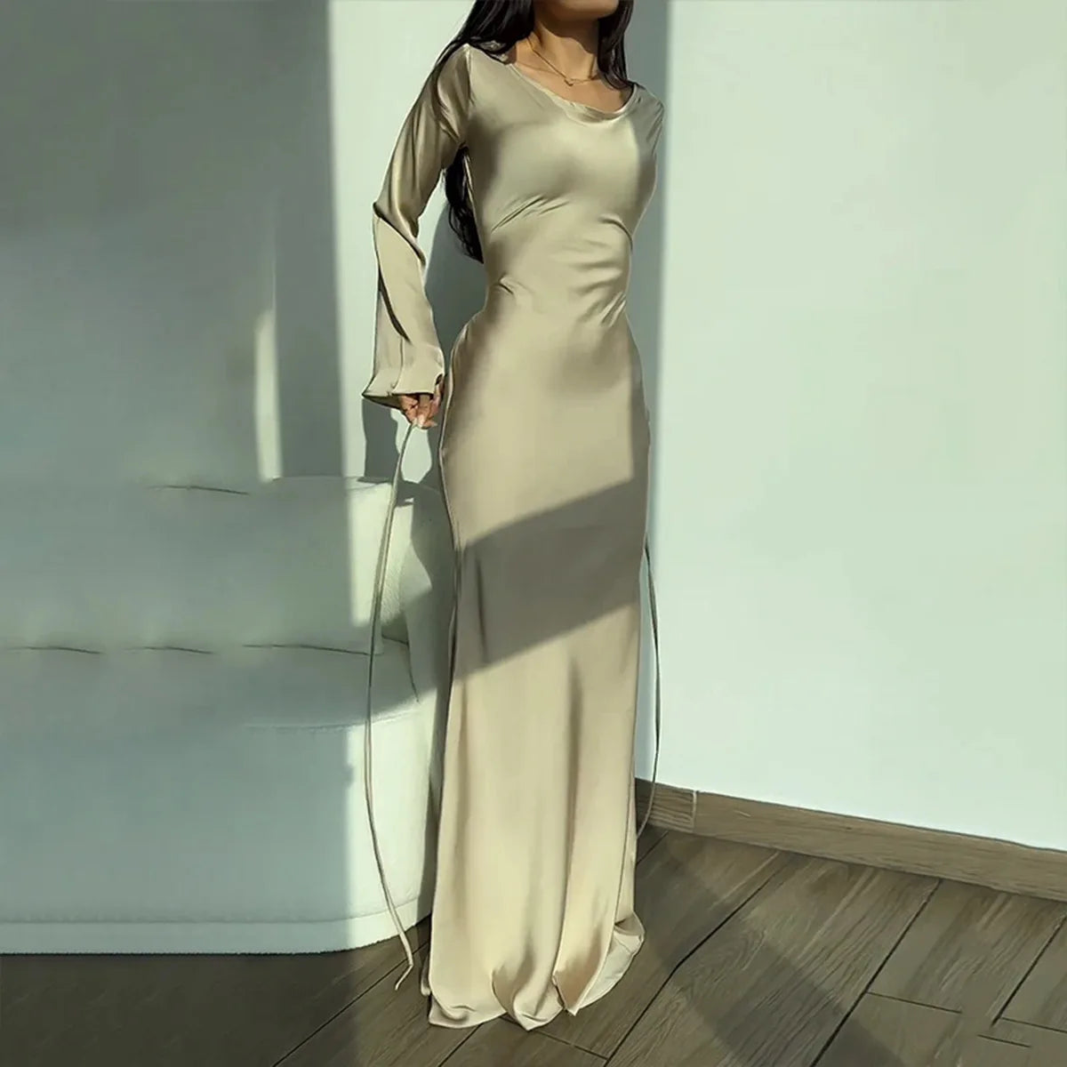Women's Maxi Dress – Long Sleeve Column Silhouette with Flared Bell Cuffs for Formal Events 2
