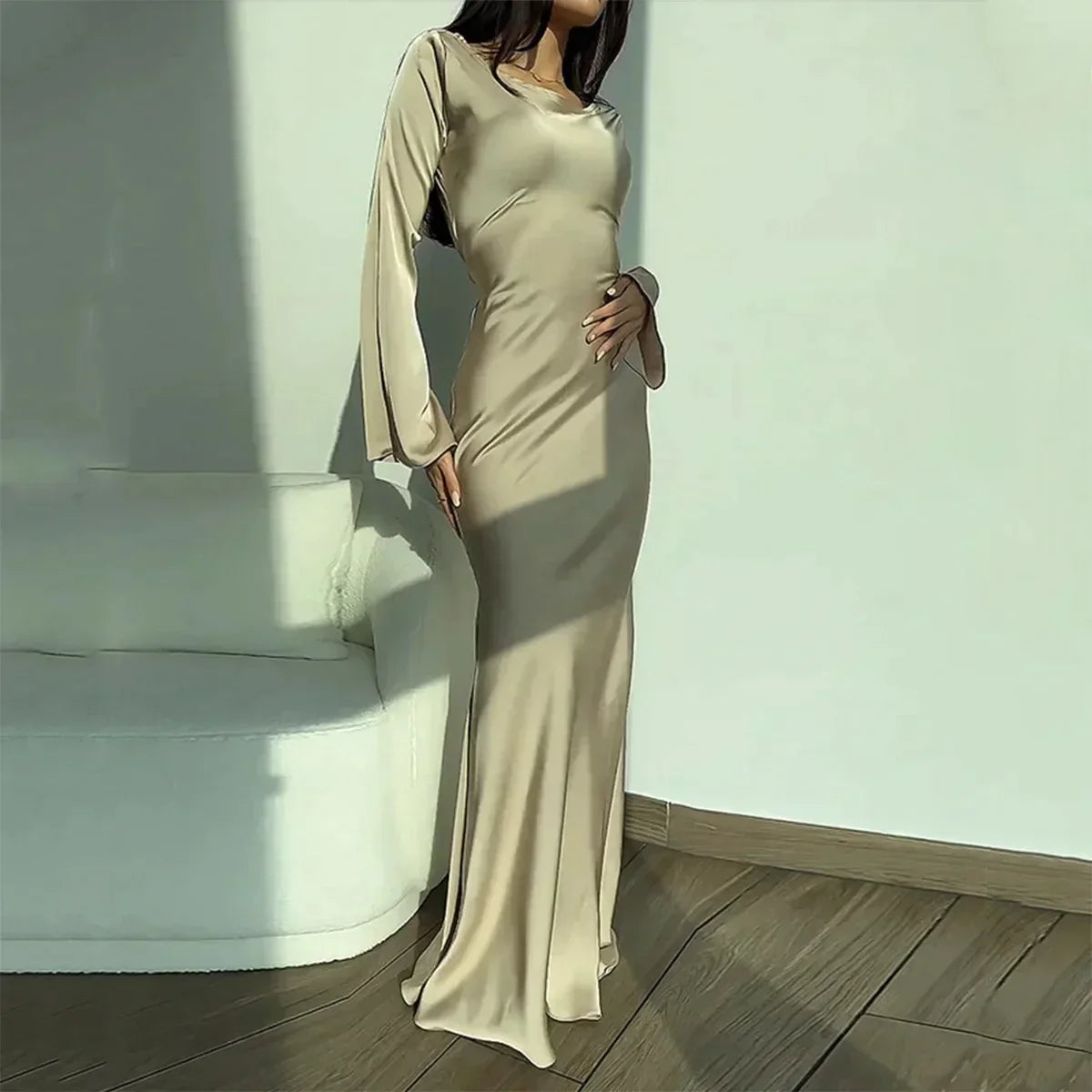 Women's Maxi Dress – Long Sleeve Column Silhouette with Flared Bell Cuffs for Formal Events 3
