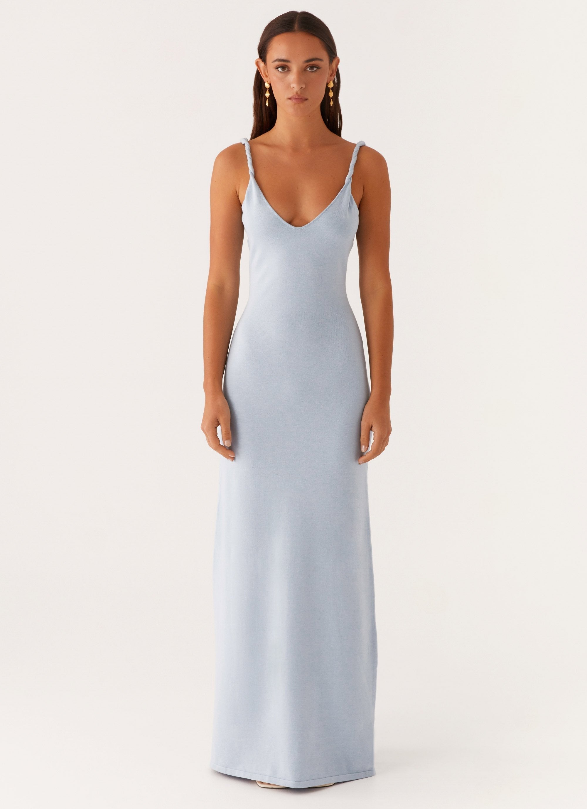 Women's Maxi Dress – Soft Blue Slim Fit with Twisted Straps for Summer and Cocktail Events 0