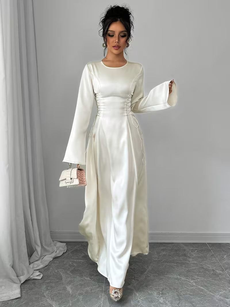 Women's Maxi Dress for Formal Events – Bell Sleeves and Lace-Up Side Design 1