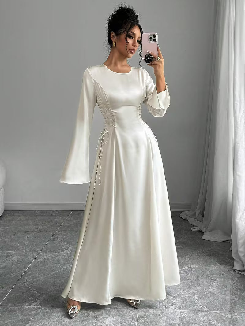 Women's Maxi Dress for Formal Events – Bell Sleeves and Lace-Up Side Design 2