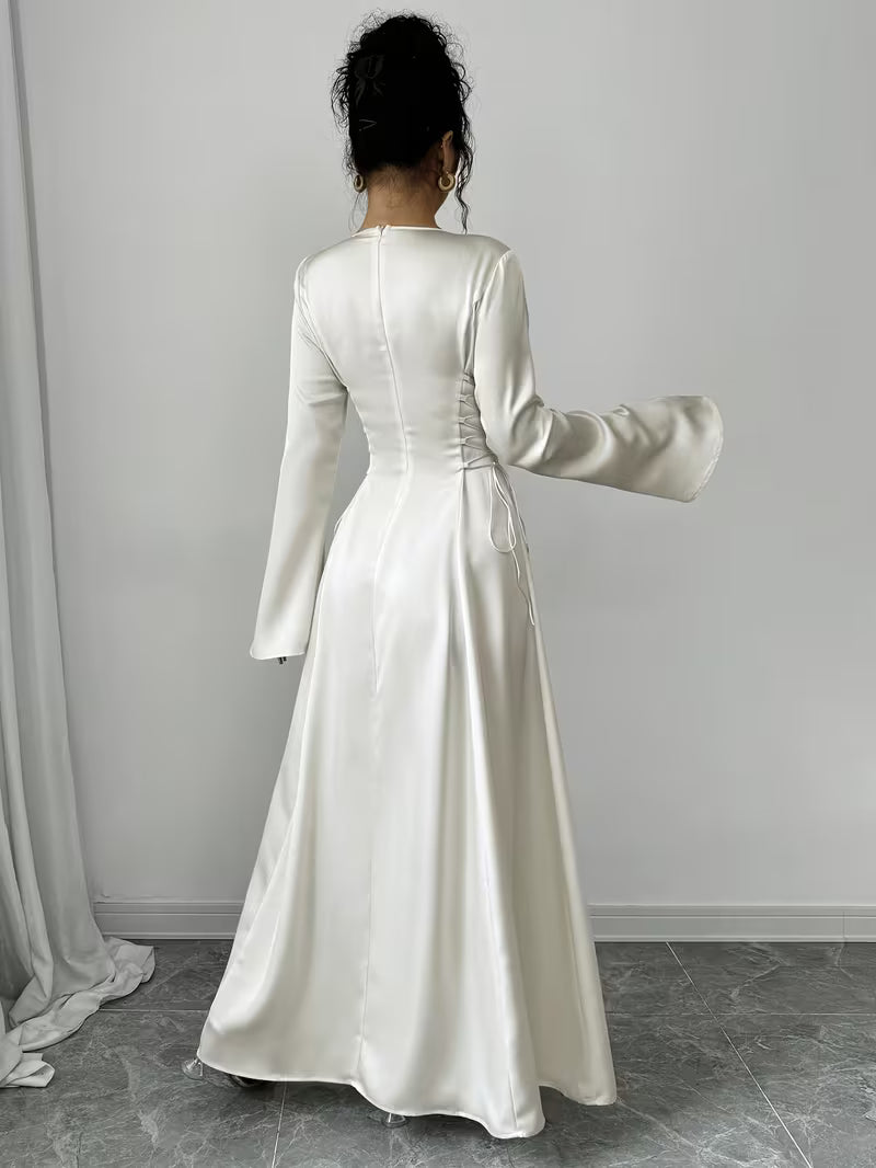 Women's Maxi Dress for Formal Events – Bell Sleeves and Lace-Up Side Design 3