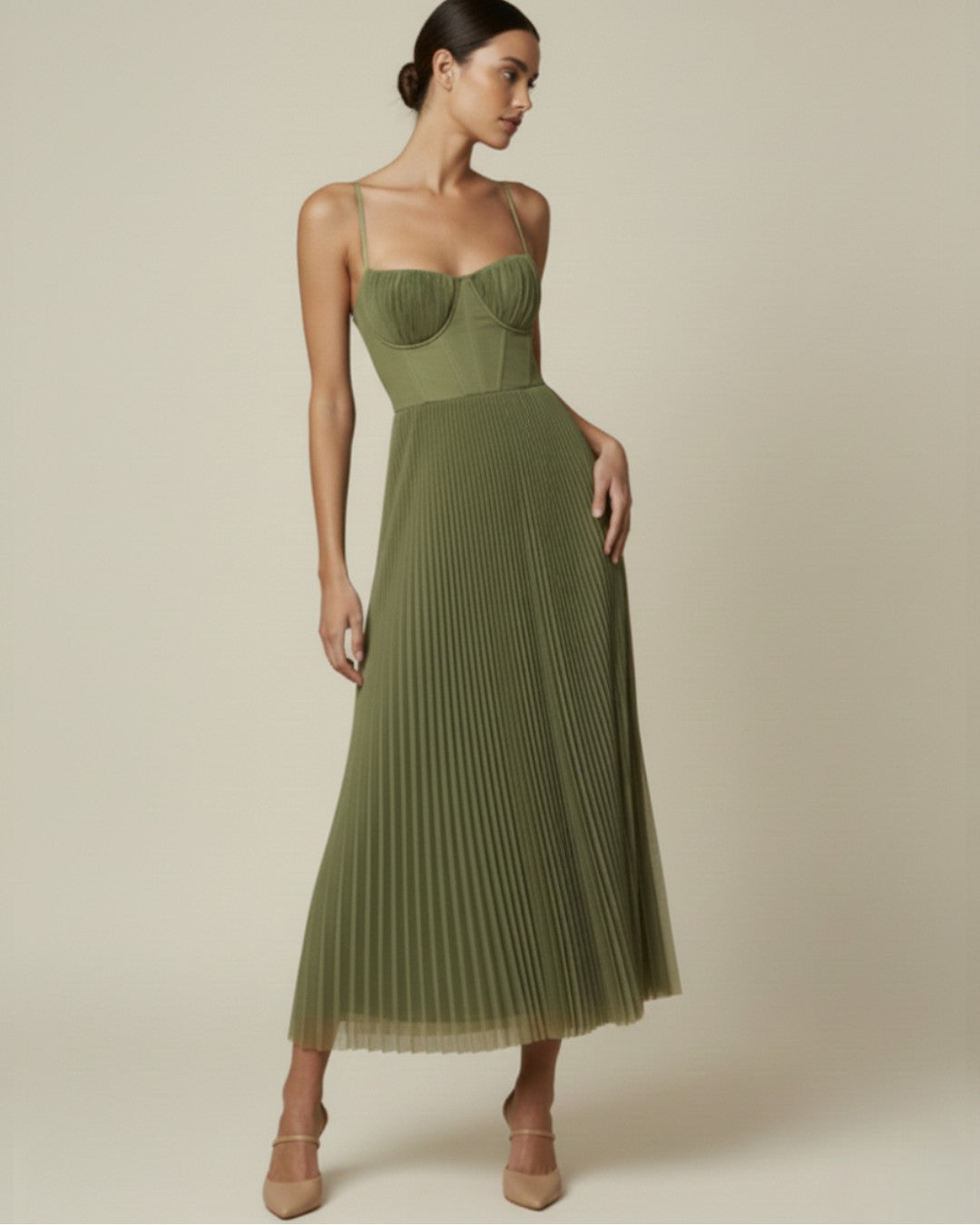 Women's Midi Dress with Corset Bodice – Pleated Formal Dress for Summer Events 0