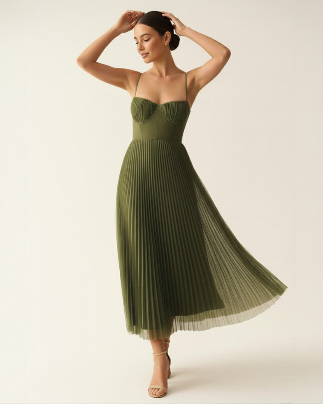 Women's Midi Dress with Corset Bodice – Pleated Formal Dress for Summer Events 2