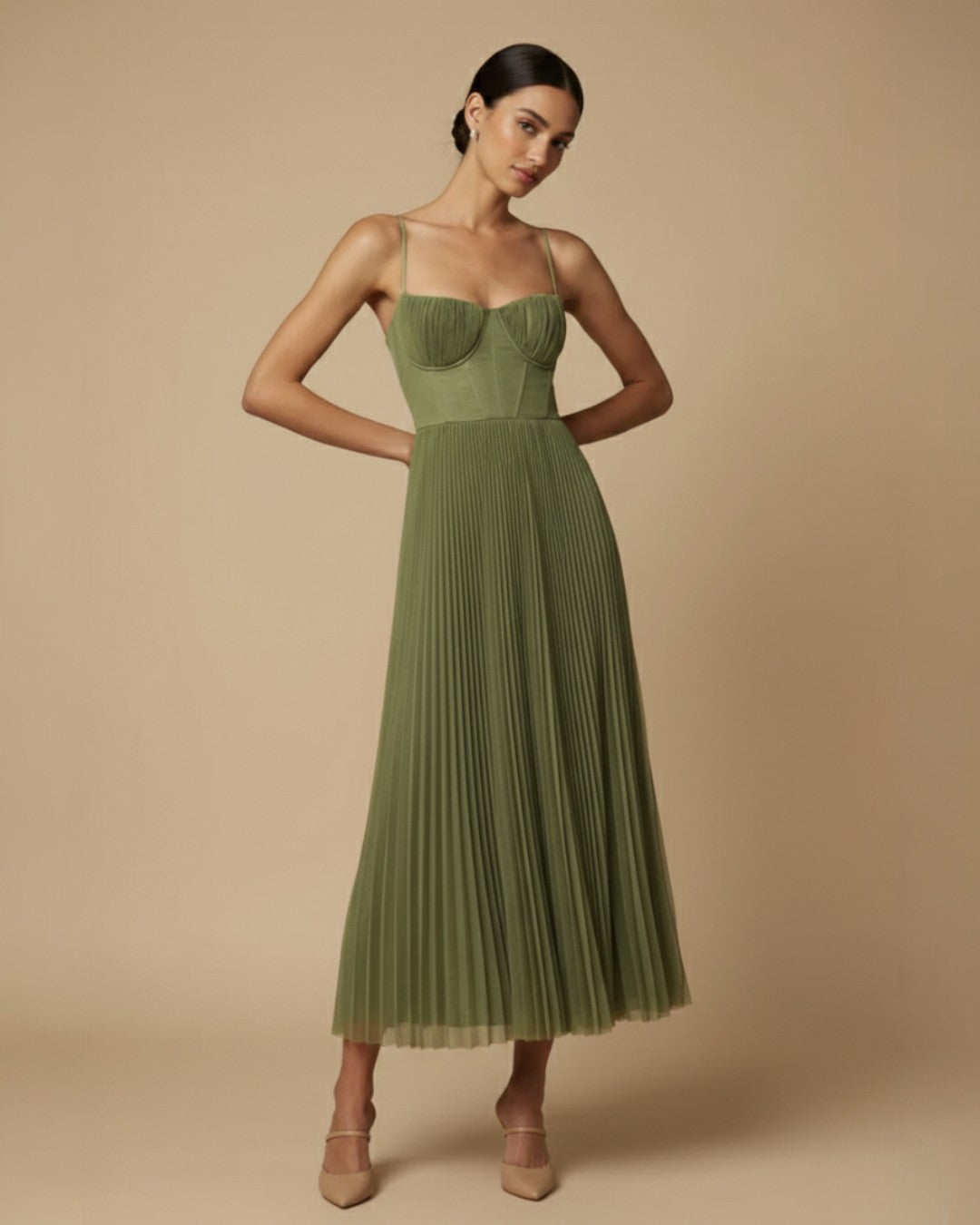 Women's Midi Dress with Corset Bodice – Pleated Formal Dress for Summer Events 5