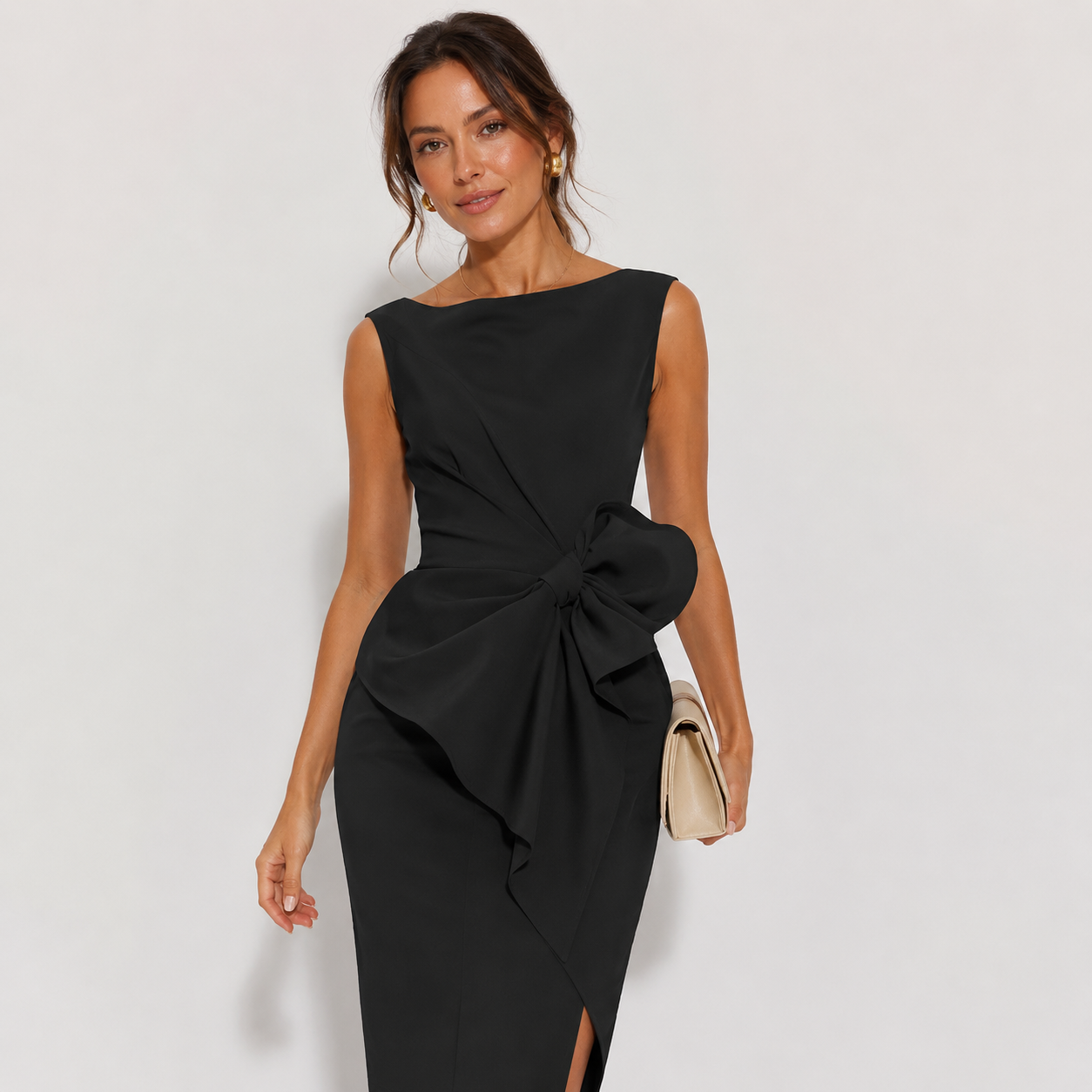 Women's Midi Sheath Cocktail Dress with Bow – Sleeveless, High Waist, Front Slit for Parties 0
