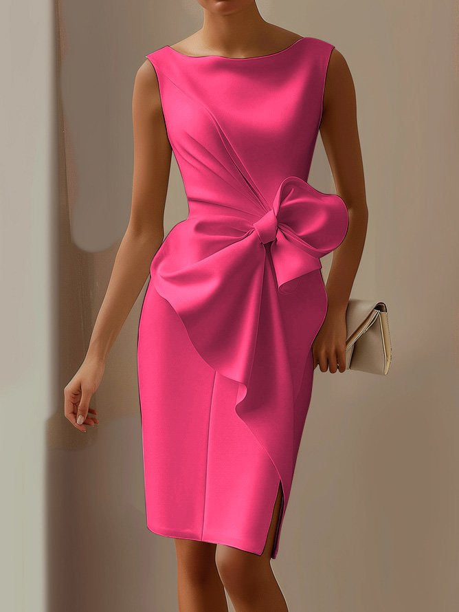 Women's Midi Sheath Cocktail Dress with Bow – Sleeveless, High Waist, Front Slit for Parties 11