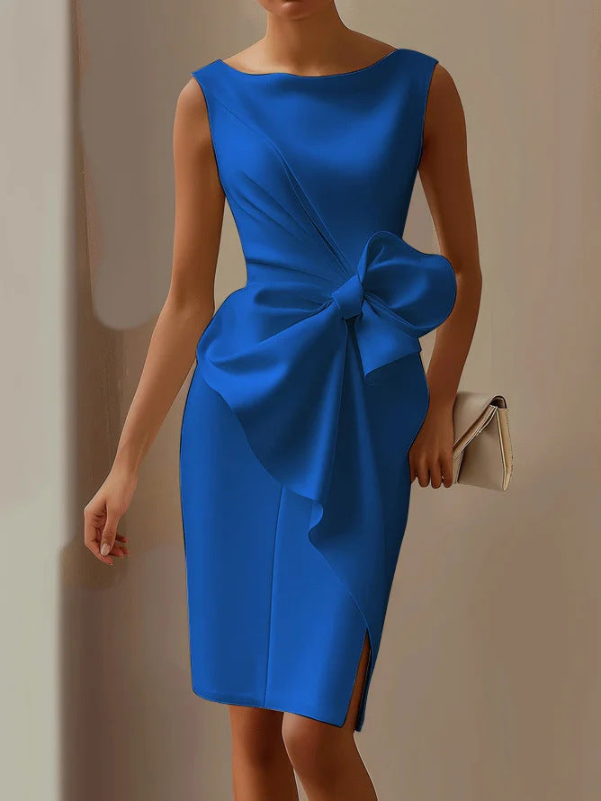 Women's Midi Sheath Cocktail Dress with Bow – Sleeveless, High Waist, Front Slit for Parties 12