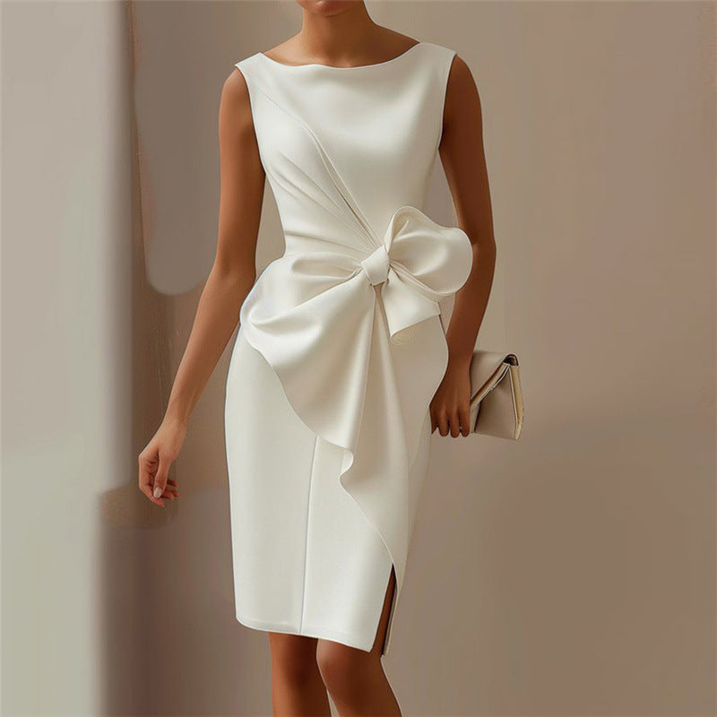 Women's Midi Sheath Cocktail Dress with Bow – Sleeveless, High Waist, Front Slit for Parties 13
