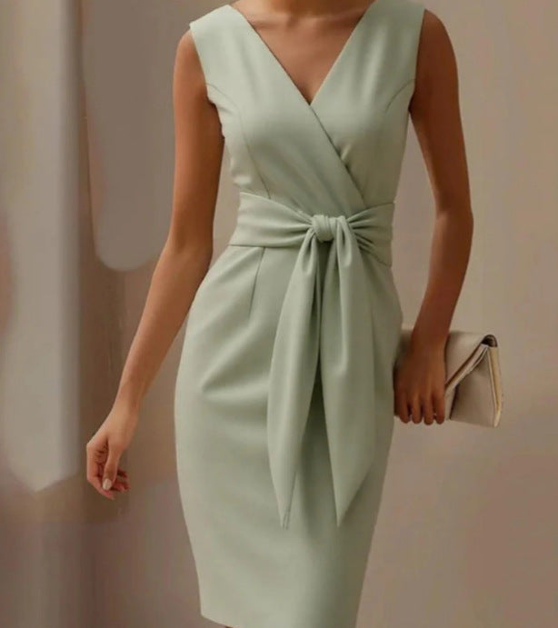 Women's Midi Sheath Cocktail Dress with Bow – Sleeveless, High Waist, Front Slit for Parties 3