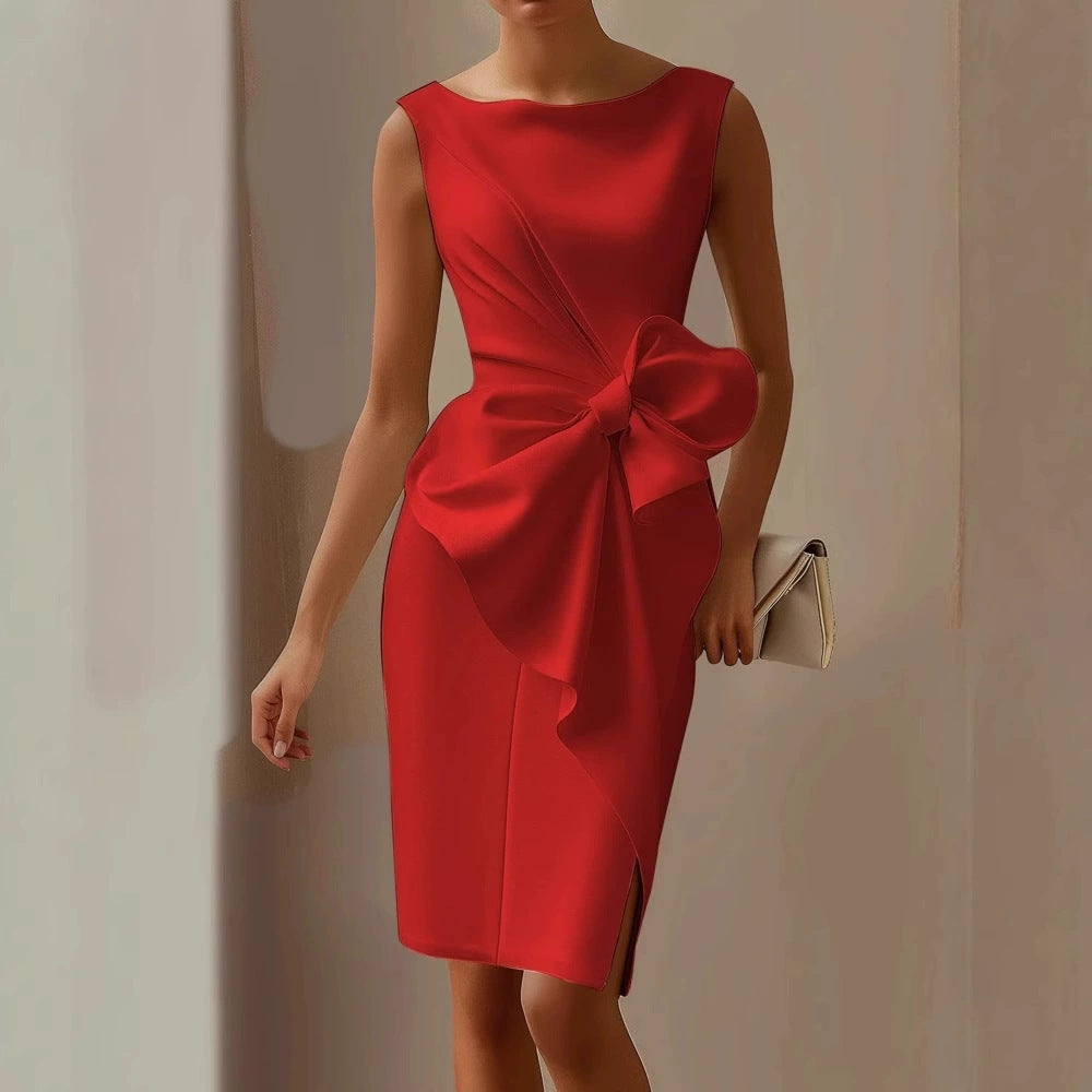 Women's Midi Sheath Cocktail Dress with Bow – Sleeveless, High Waist, Front Slit for Parties 4