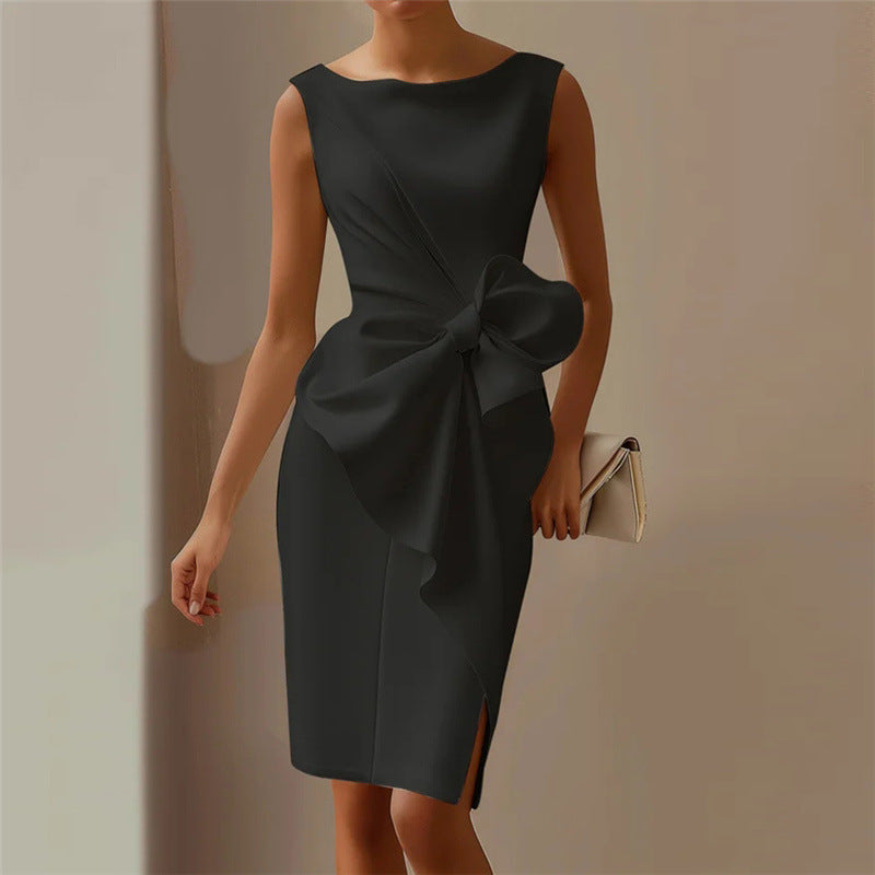 Women's Midi Sheath Cocktail Dress with Bow – Sleeveless, High Waist, Front Slit for Parties 5