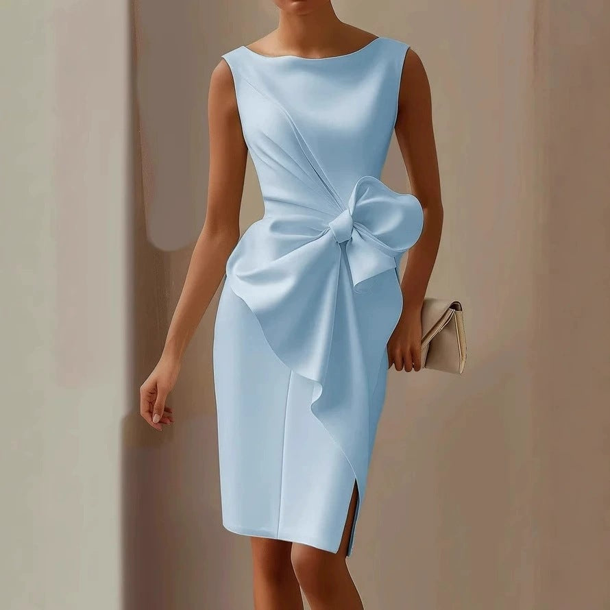 Women's Midi Sheath Cocktail Dress with Bow – Sleeveless, High Waist, Front Slit for Parties 6