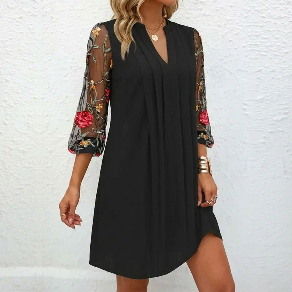 Women's Mini Dress with Floral Sheer Sleeves – Relaxed Fit V-Neck Cocktail Dress for Summer 1