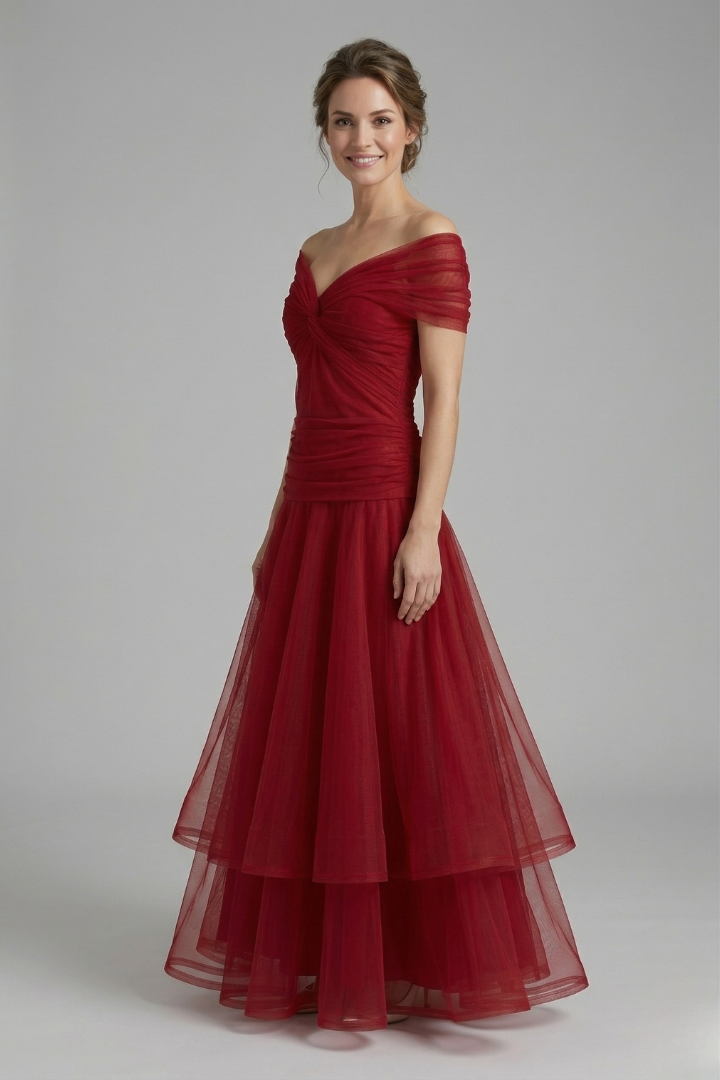 Women's Off-Shoulder Tulle Midi Dress – Formal Cocktail Dress with Ruched Waist for Events 2