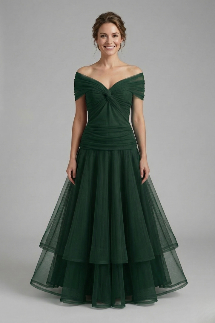 Women's Off-Shoulder Tulle Midi Dress – Formal Cocktail Dress with Ruched Waist for Events 7