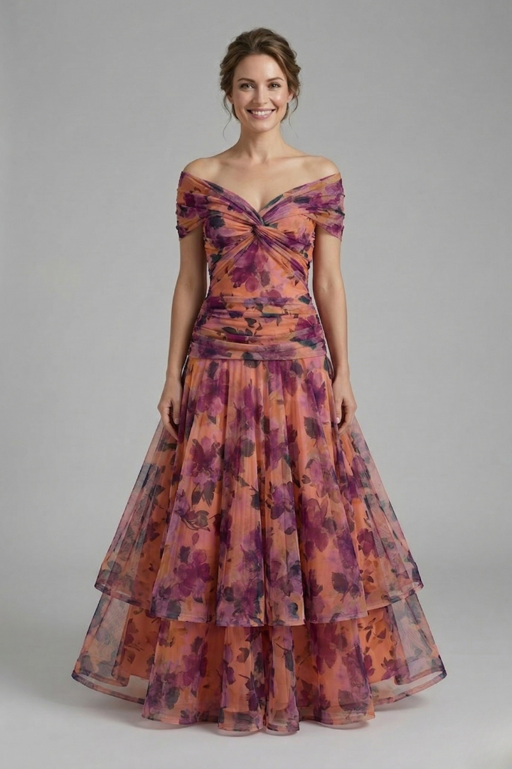 Women's Off-Shoulder Tulle Midi Dress – Formal Cocktail Dress with Ruched Waist for Events 9