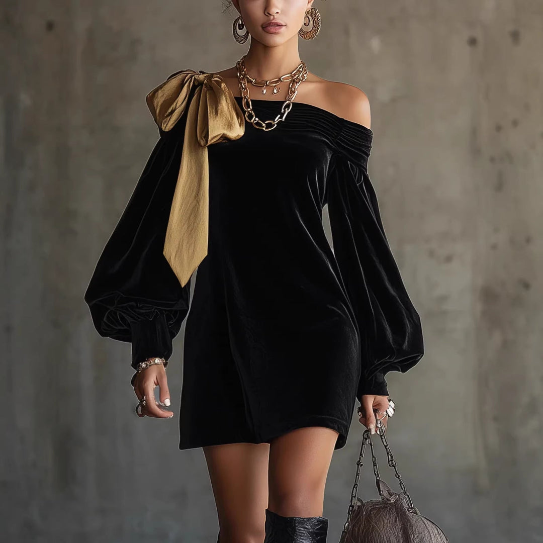 Women's Off Shoulder Cocktail Dress – Winter Mini with Balloon Sleeves and Bow Detail 0
