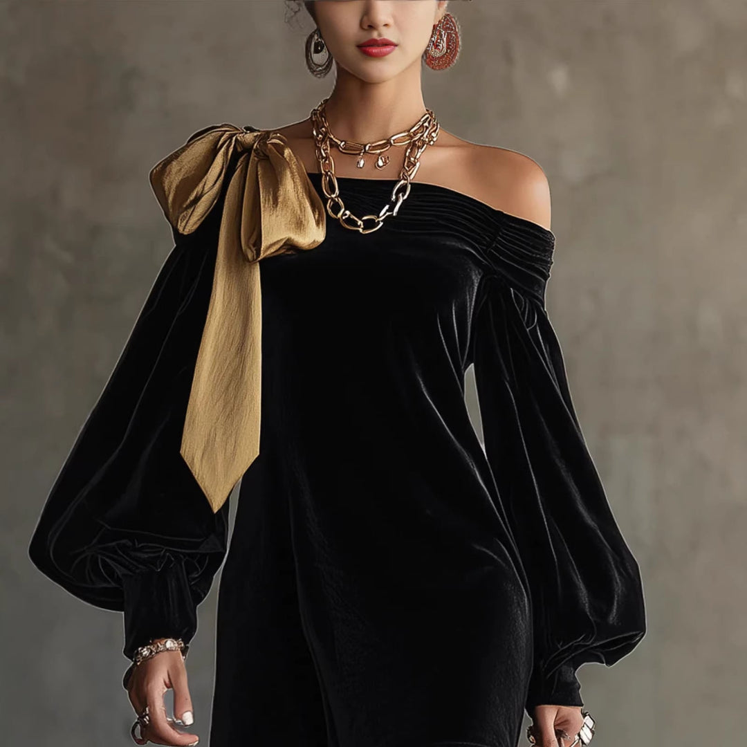 Women's Off Shoulder Cocktail Dress – Winter Mini with Balloon Sleeves and Bow Detail 1