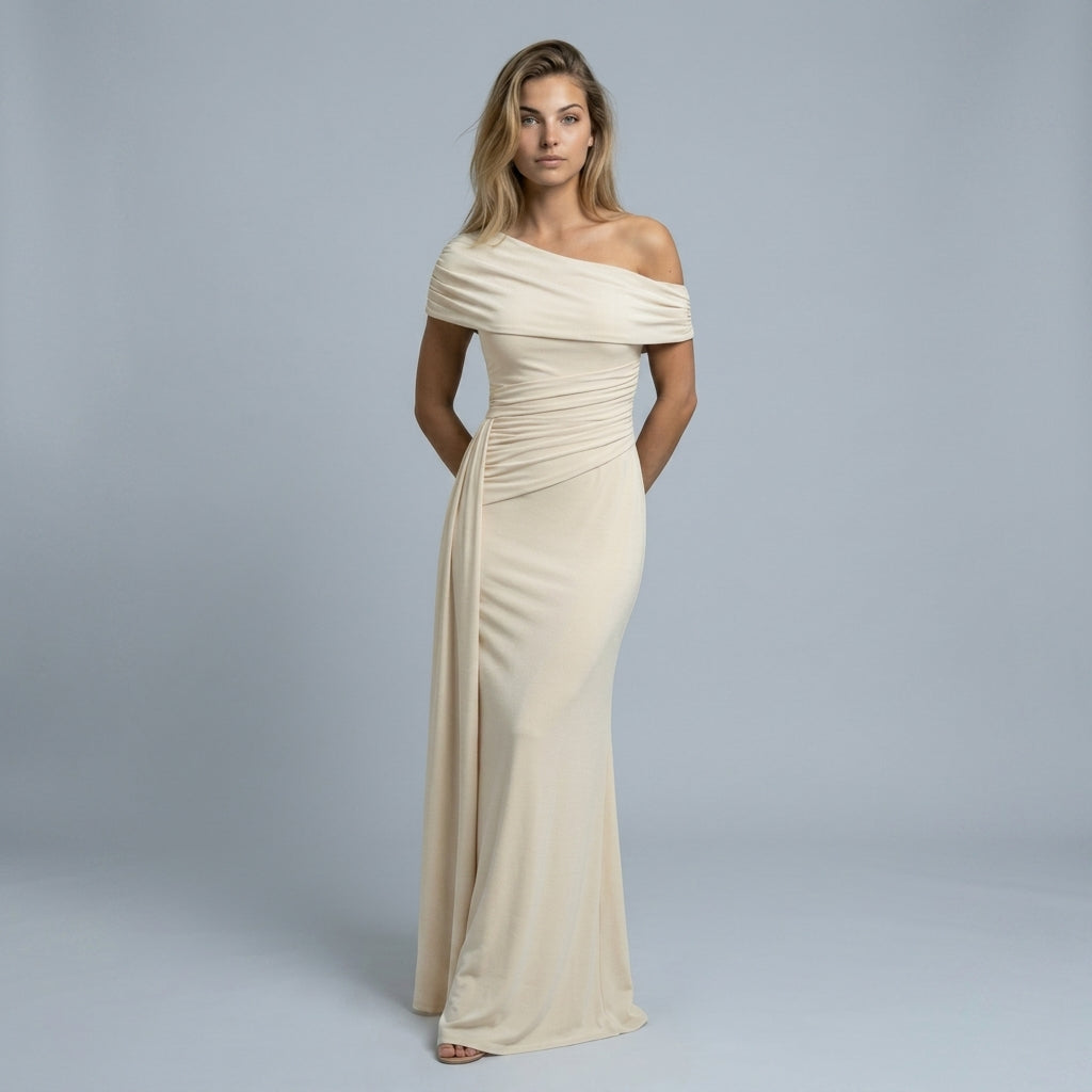 Off Shoulder Maxi Dress – Ruched Waist for Formal Occasions and Special Events 1
