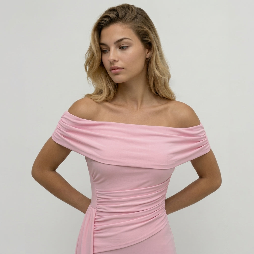 Off Shoulder Maxi Dress – Ruched Waist for Formal Occasions and Special Events 14