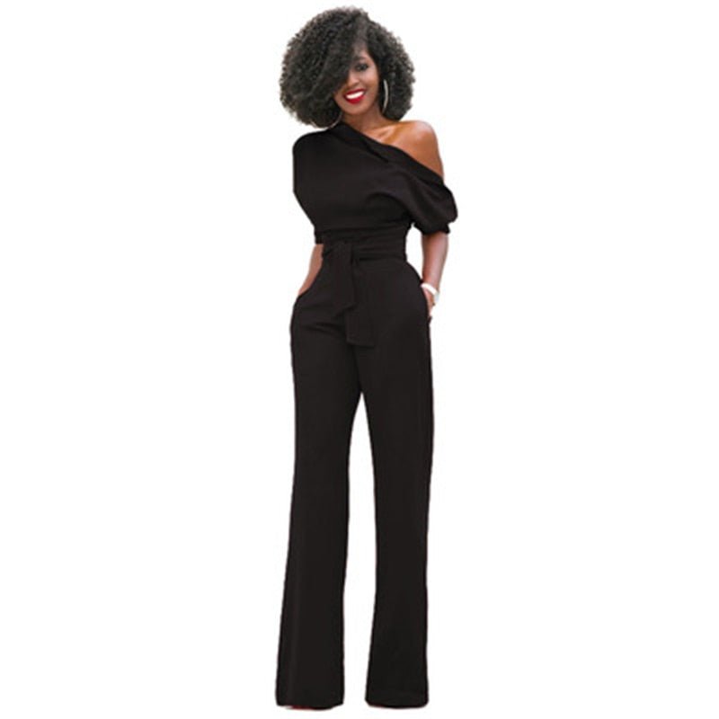 Women's One-Shoulder Wide-Leg Jumpsuit with Belted Waist – Formal Evening Wear 0