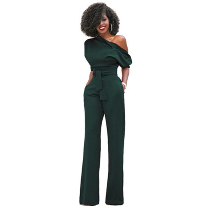 Women's One-Shoulder Wide-Leg Jumpsuit with Belted Waist – Formal Evening Wear 1