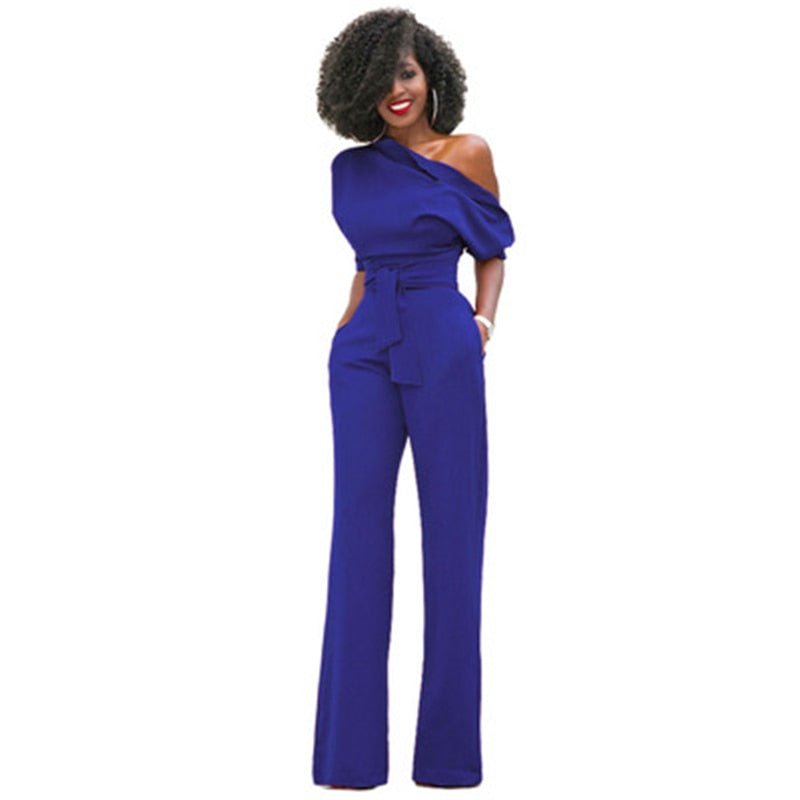 Women's One-Shoulder Wide-Leg Jumpsuit with Belted Waist – Formal Evening Wear 2