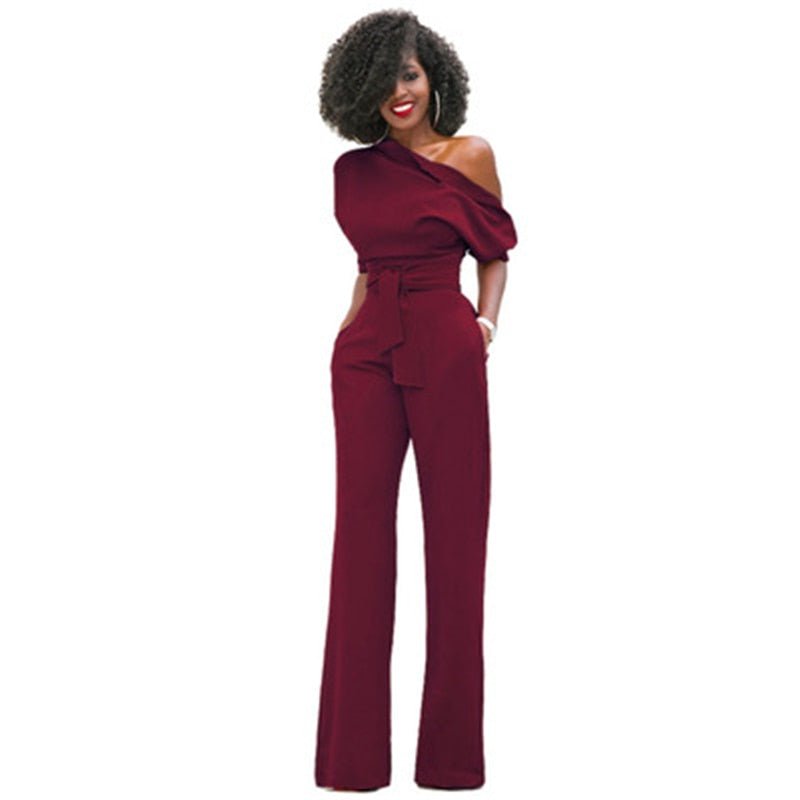 Women's One-Shoulder Wide-Leg Jumpsuit with Belted Waist – Formal Evening Wear 6