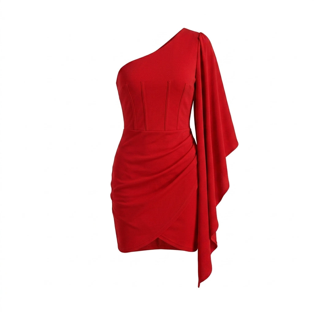One Shoulder Cocktail Dress – Ruffle Sleeve with Ruched Wrap Mini Skirt