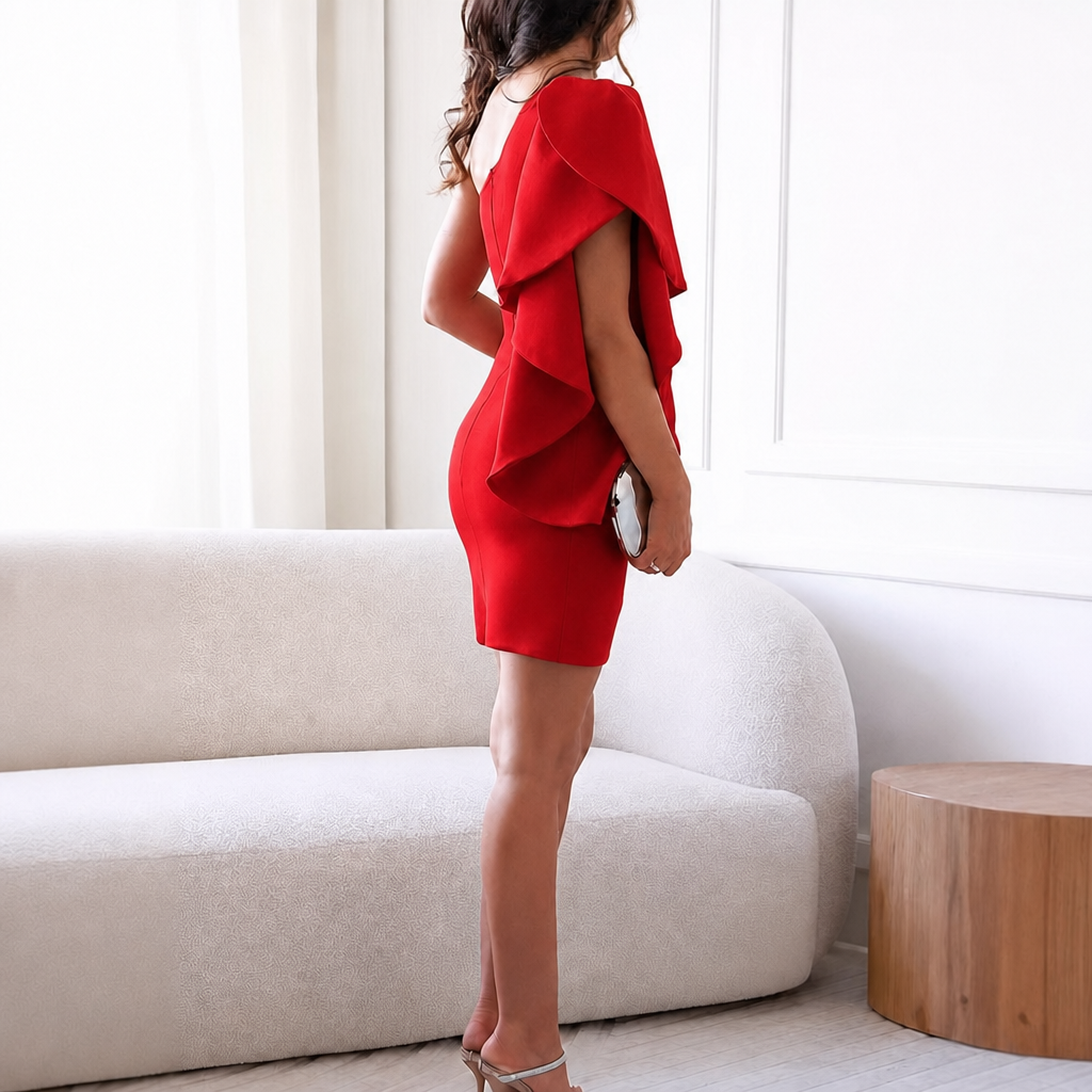Women's One Shoulder Cocktail Dress – Ruffle Sleeve with Ruched Wrap Mini Skirt 7